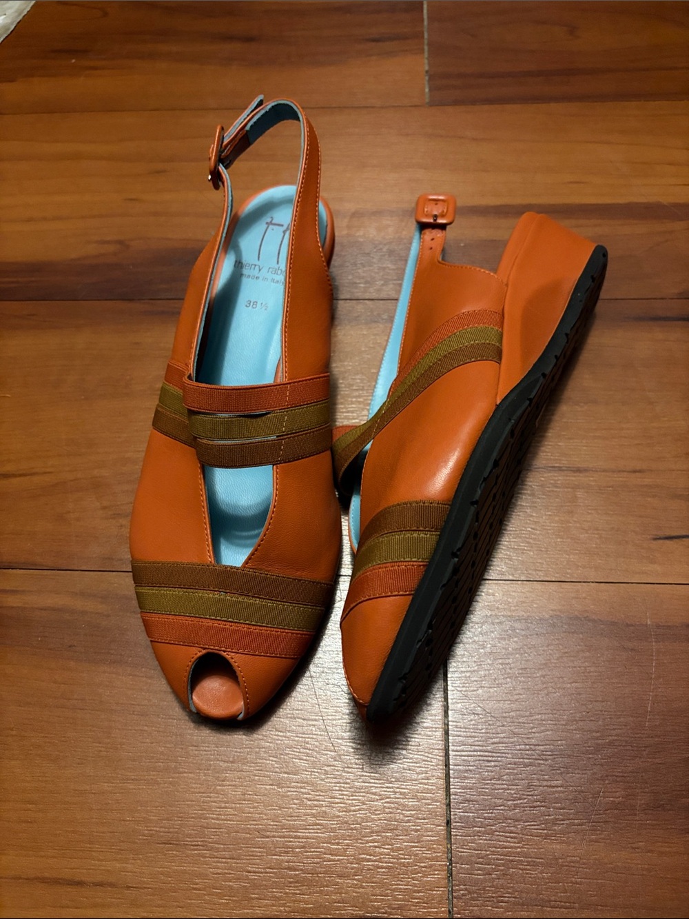 Thierry Rabotin Orange Peep-Toe Slingback Wedges Sz 38.5